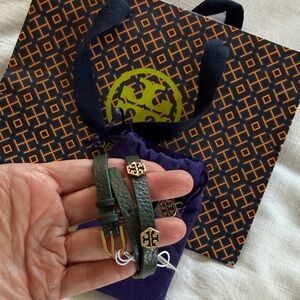 Tory Burch Olive Green Double Wrap Leather Bracelet with Gold Logos